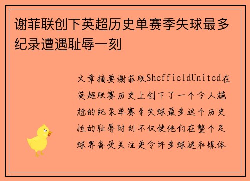 谢菲联创下英超历史单赛季失球最多纪录遭遇耻辱一刻 谢菲联创下英超历史单赛季失球最多纪录遭遇耻辱一刻